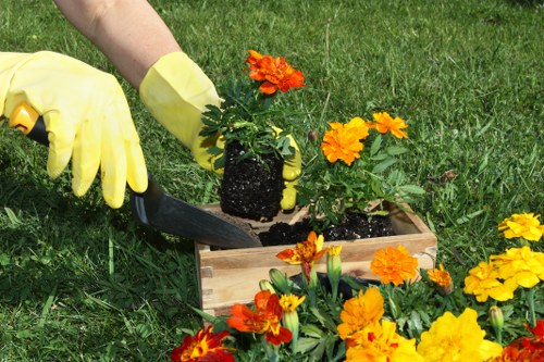 Final inspection of a maintained lawn with safety signs